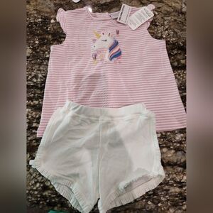 Pink Striped Unicorn Top and White Shorts Set